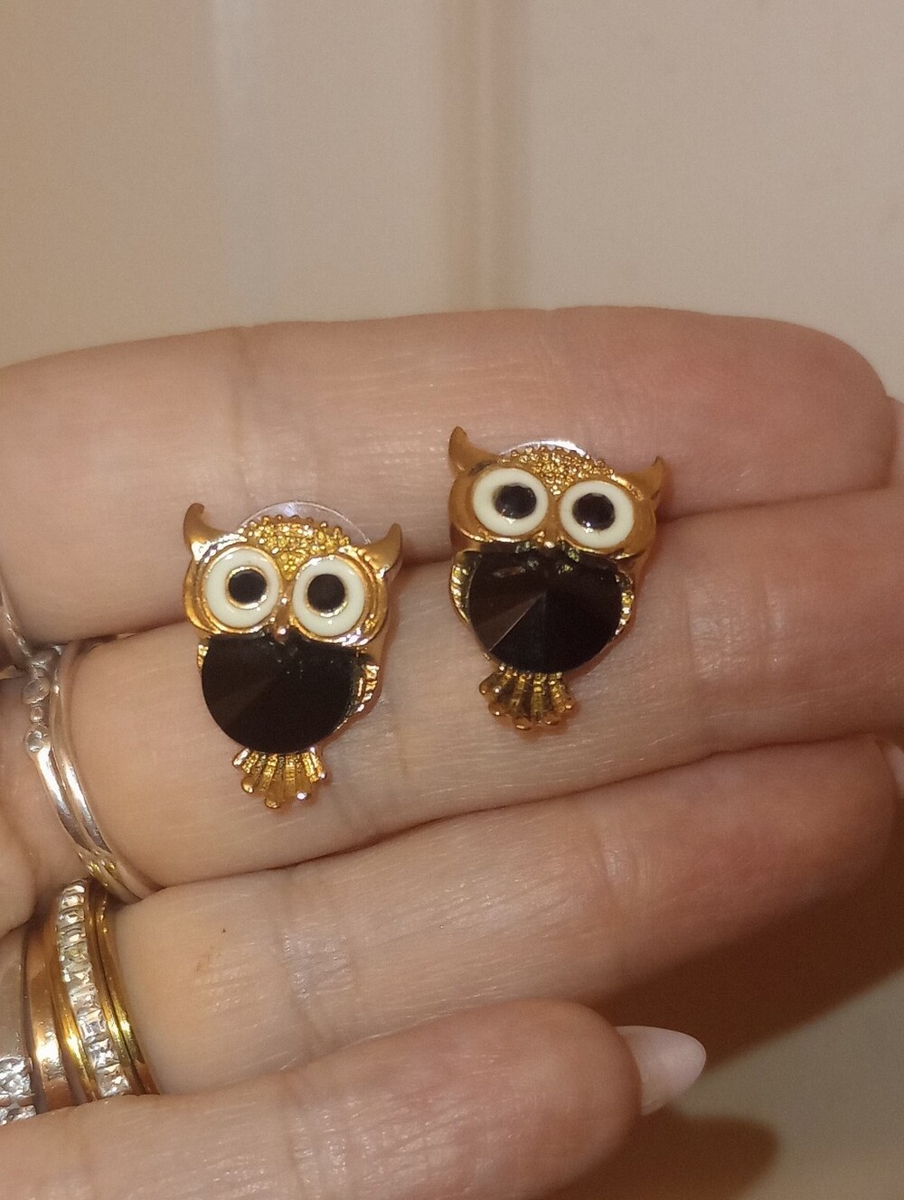Gold Tone and Black Gem Owl Stud Earrings